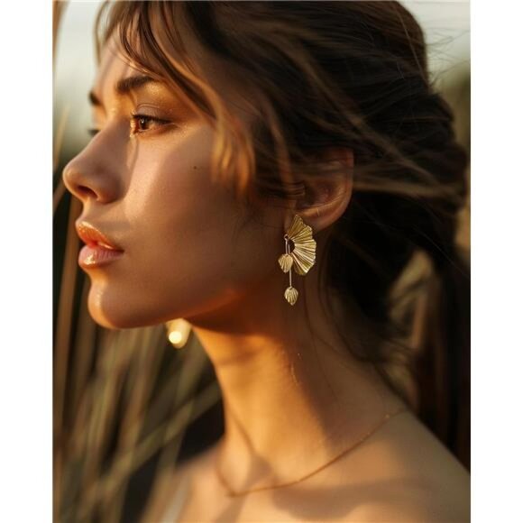 18K Gold Plated Boho Fan Earrings | Chunky Statement Dangle - Picture 4 of 7